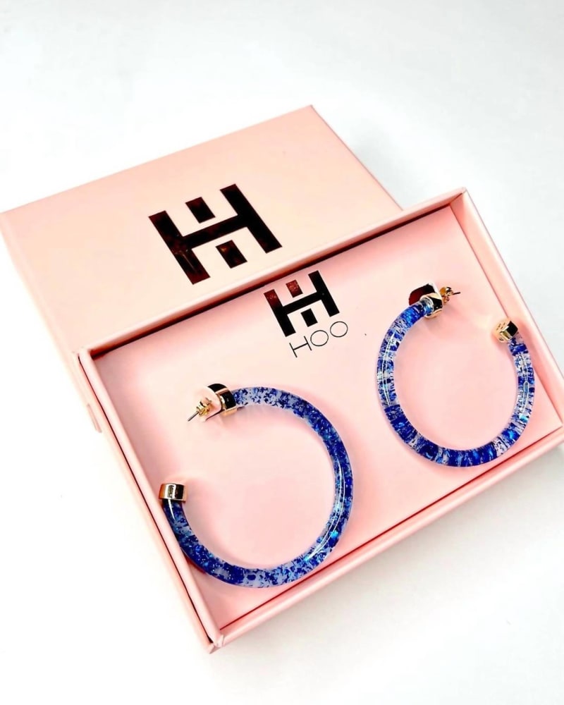 Front of a size O/S Hoop Earrings in Blue in Blue by Hoo Hoops. | dia_product_style_image_id:329846